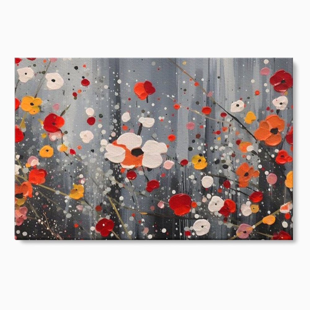 Tablou canvas cu pictura abstracta cu flori si stropi, fara rama, pe sasiu de lemn